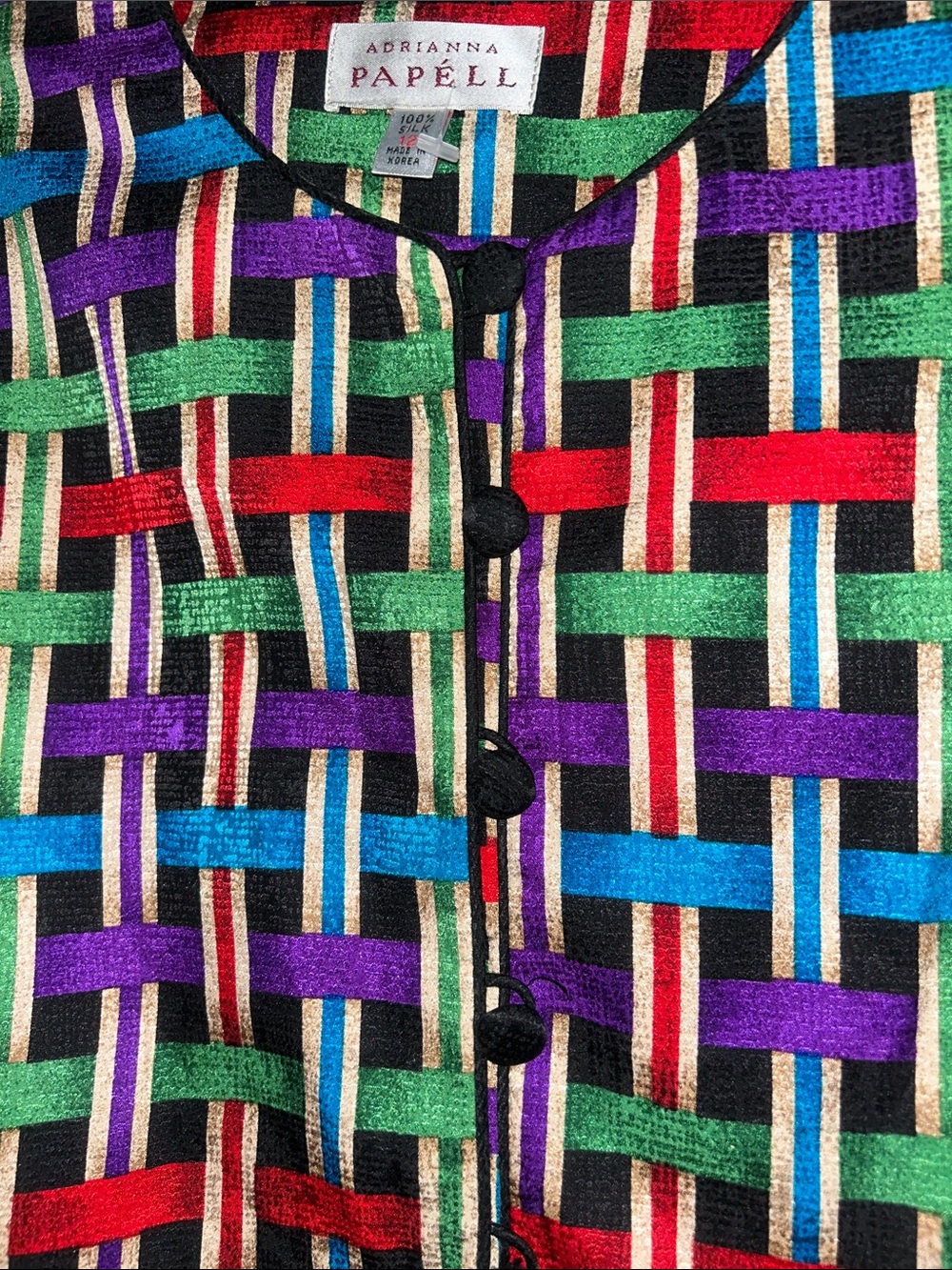 Vintage Adriana Papell 100%silk multi color pattern jacket Ptp 21” - Picture 4 of 6